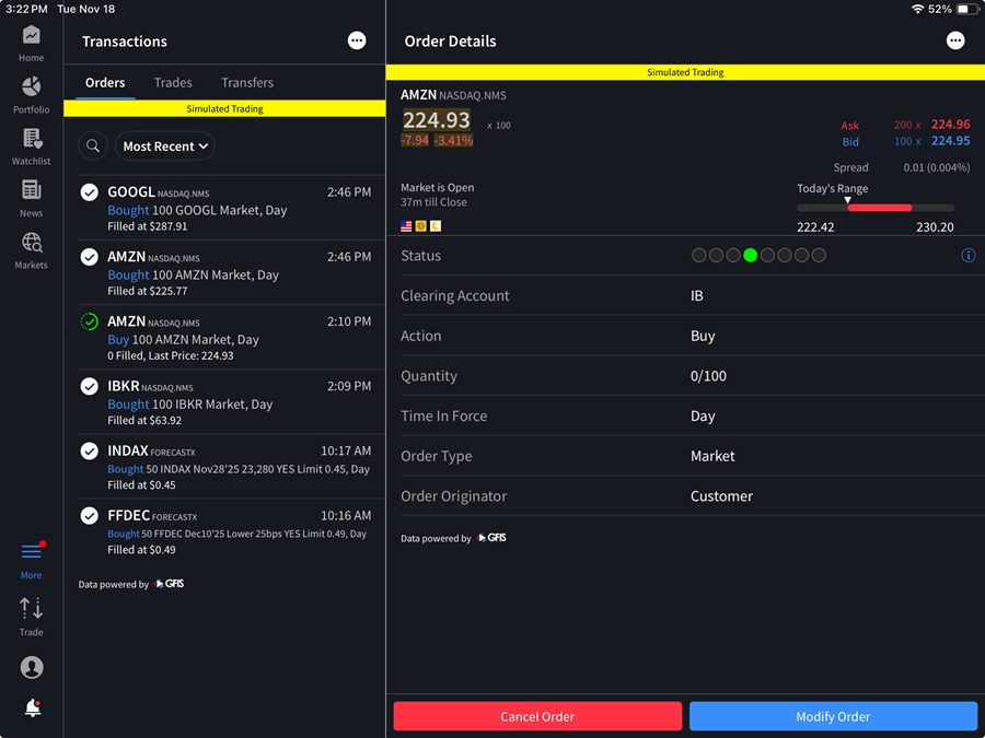 The orders & trades - order status ipad. 